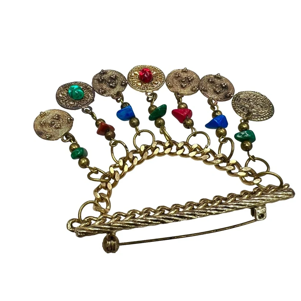 VINTAGE CHAIN BAR W CHAIN SWAG & COIN DANGLES W STONES - ETRUSCAN STYLE BROOCH